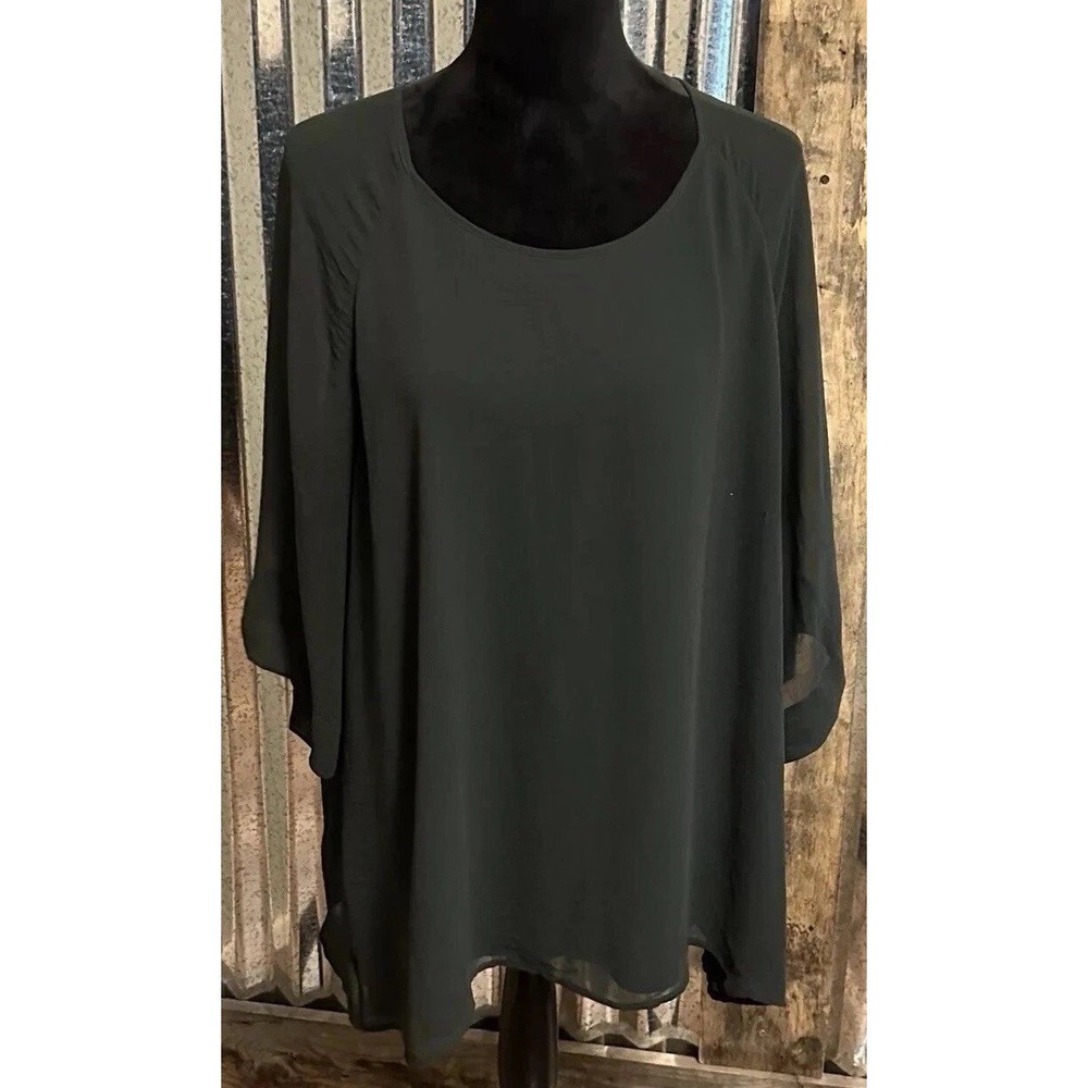 Bobeau Tunic Blouse Womens 2XL Green Flowy Short Sleeve Chiffon Forest Fairy